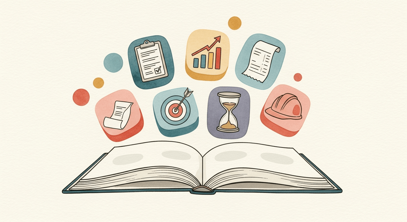 Watercolour illustration of an open ledger with six floating tool tiles — clipboard, chart, receipt, target, hourglass and hard hat — rising from its pages