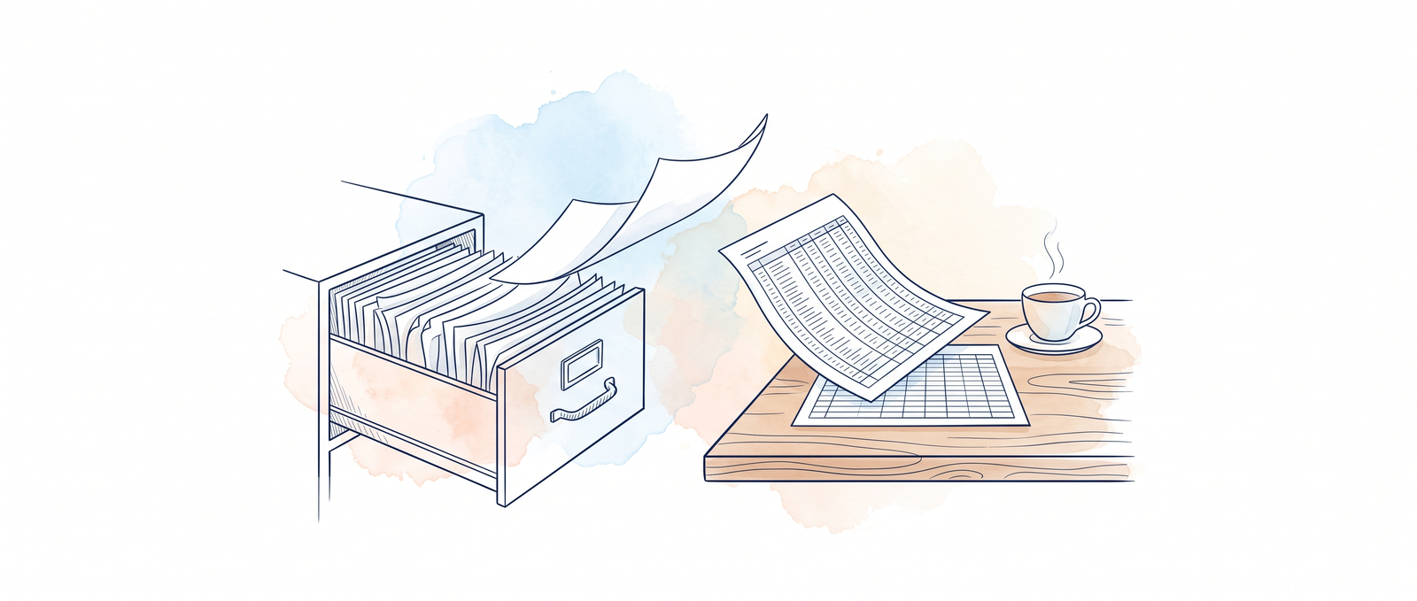 Watercolour illustration of Bank of Scotland statements flowing into an organised spreadsheet
