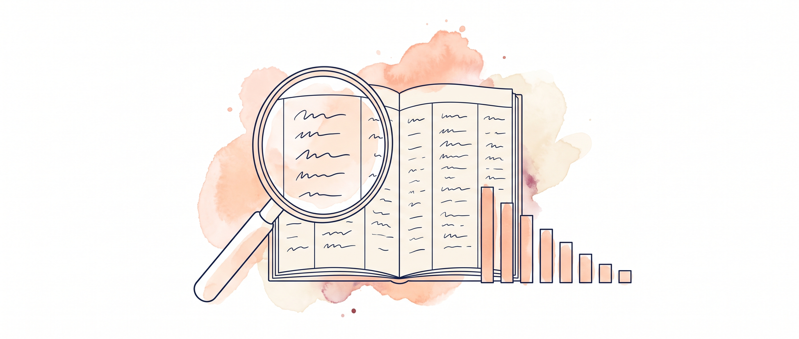 Watercolour illustration of a magnifying glass over a column of handwritten figures, with nine small bars of decreasing height beside it