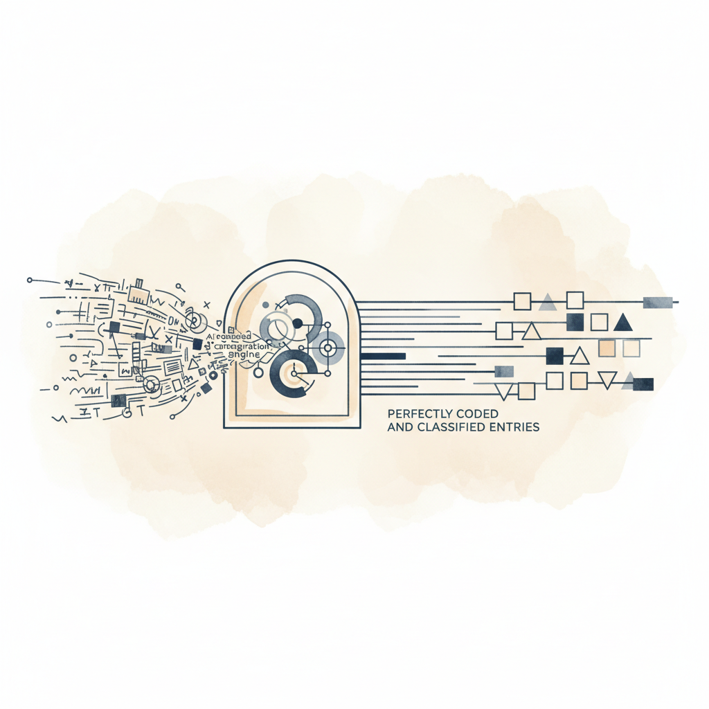 Watercolour illustration of AI auto-categorizing bank transactions