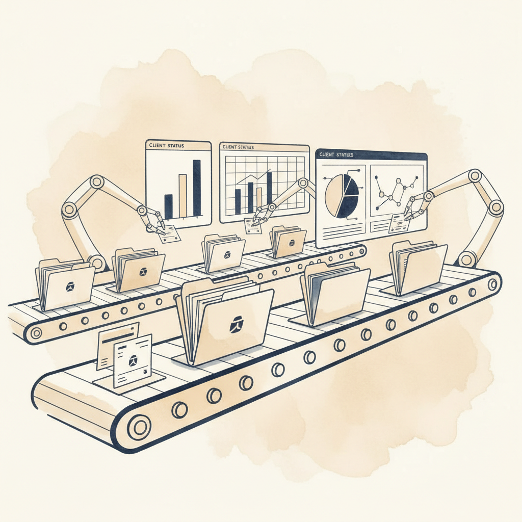 Watercolour illustration of automated bookkeeping workflows for accounting practice