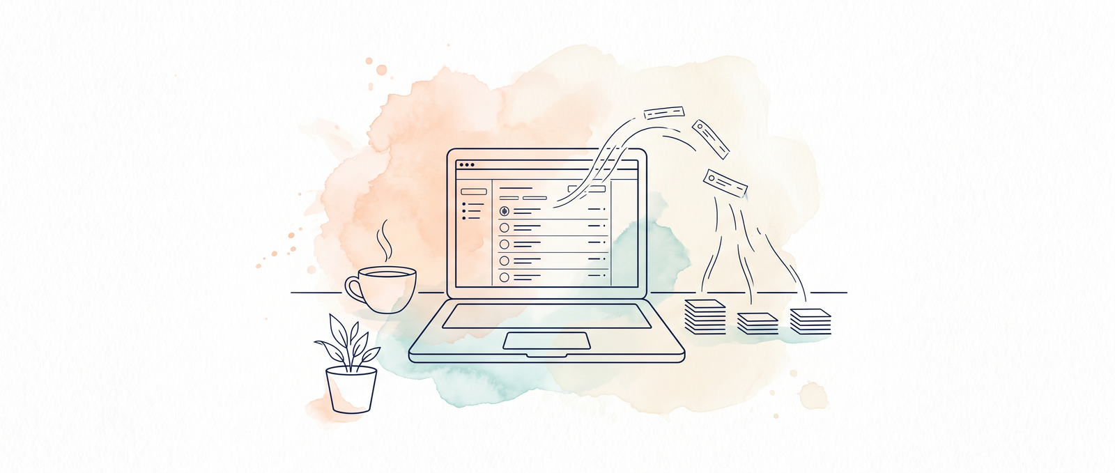 Watercolour illustration of a freelancer's laptop showing a bank feed with transactions sorting into categorised piles