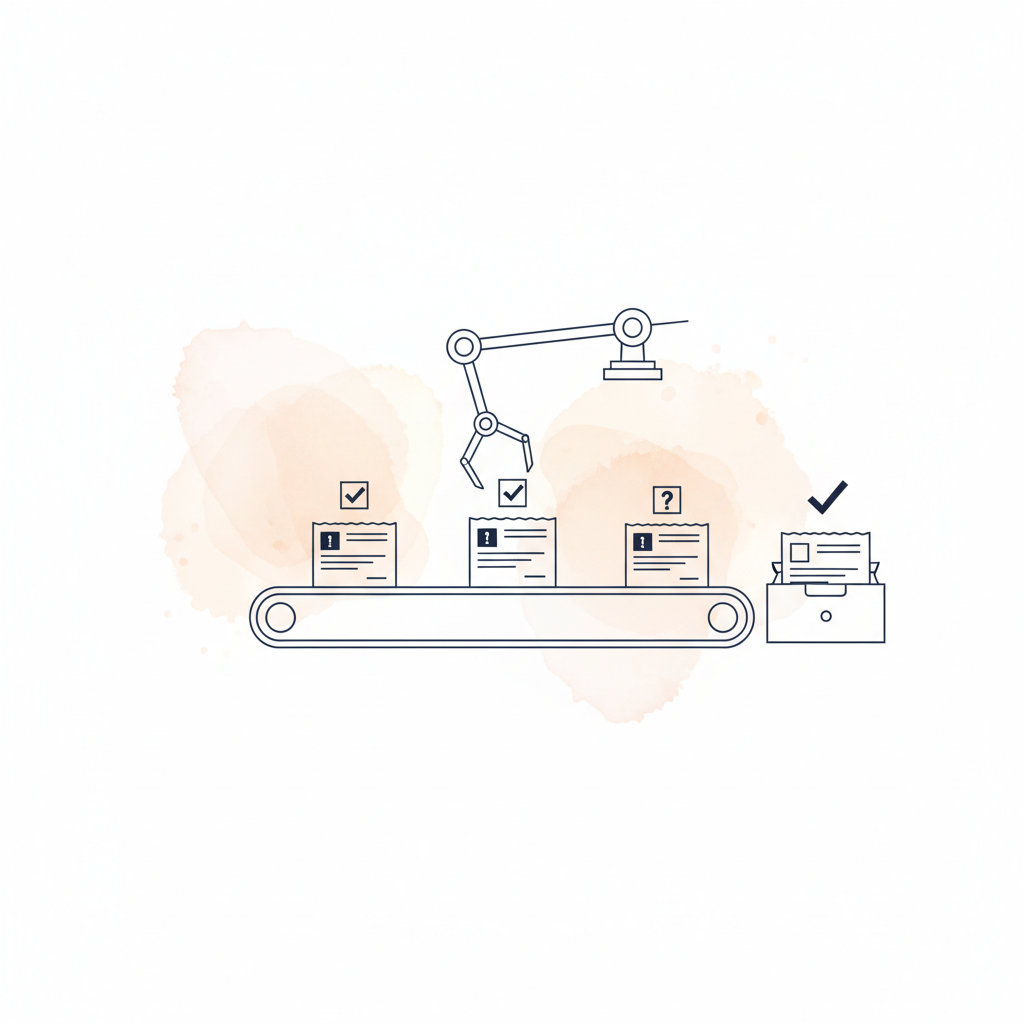 Watercolour illustration of a conveyor belt sorting transaction receipts into filing cabinet drawers