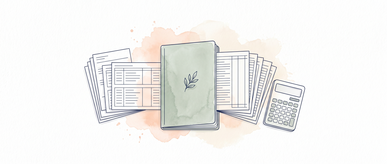 Watercolour illustration of bank statement pages fanning out from a sage-green accounting ledger beside a calculator