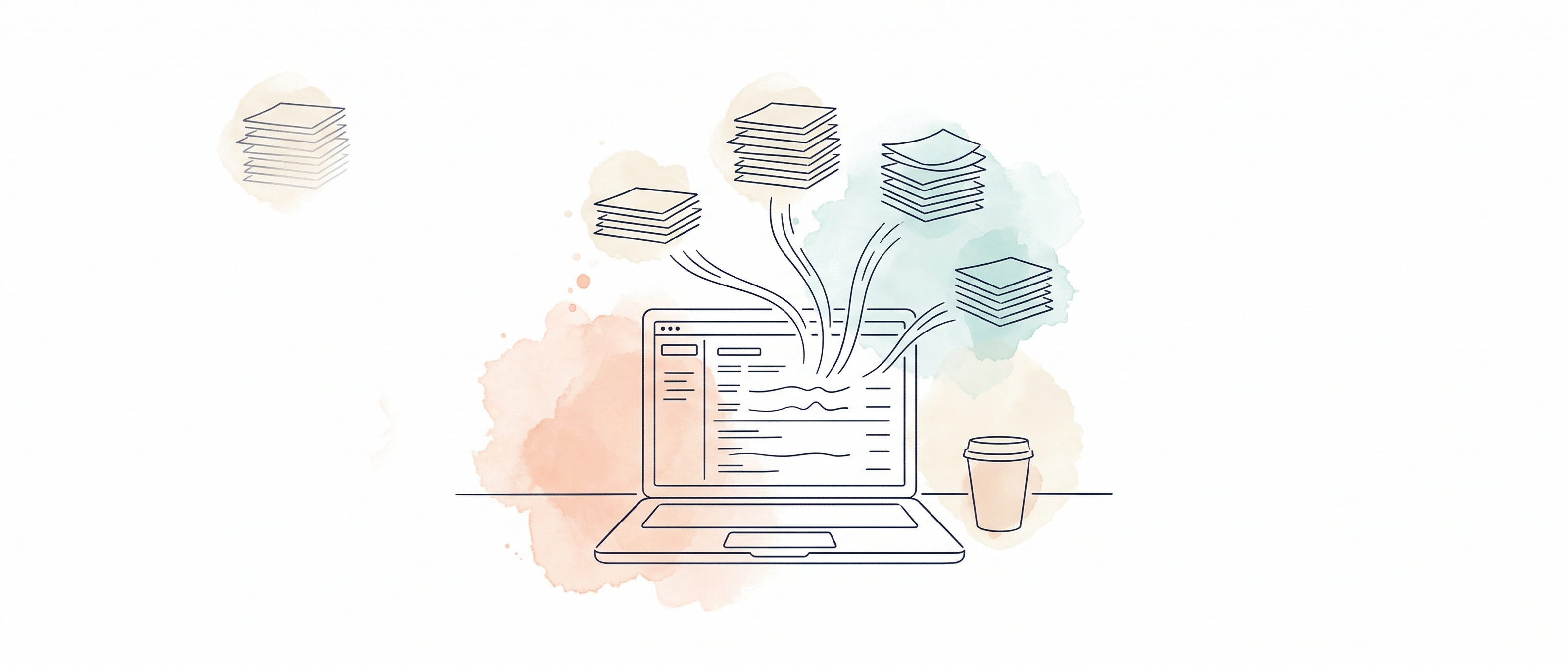 Watercolour illustration of freelancer desk with bank feed sorting into categorised piles