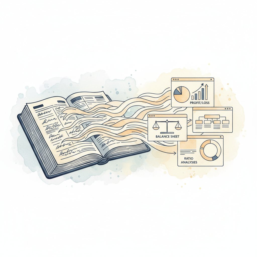 Watercolour illustration of general ledger data transforming into financial dashboards