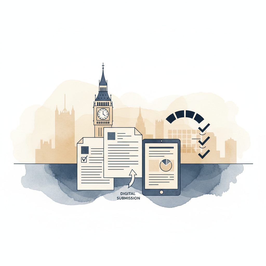 Watercolour illustration of UK digital tax filing and HMRC compliance