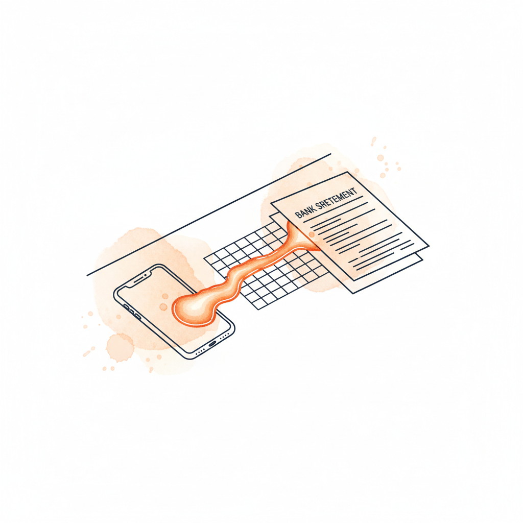 Watercolour illustration of a Mettle bank statement with molten data flowing into spreadsheet cells