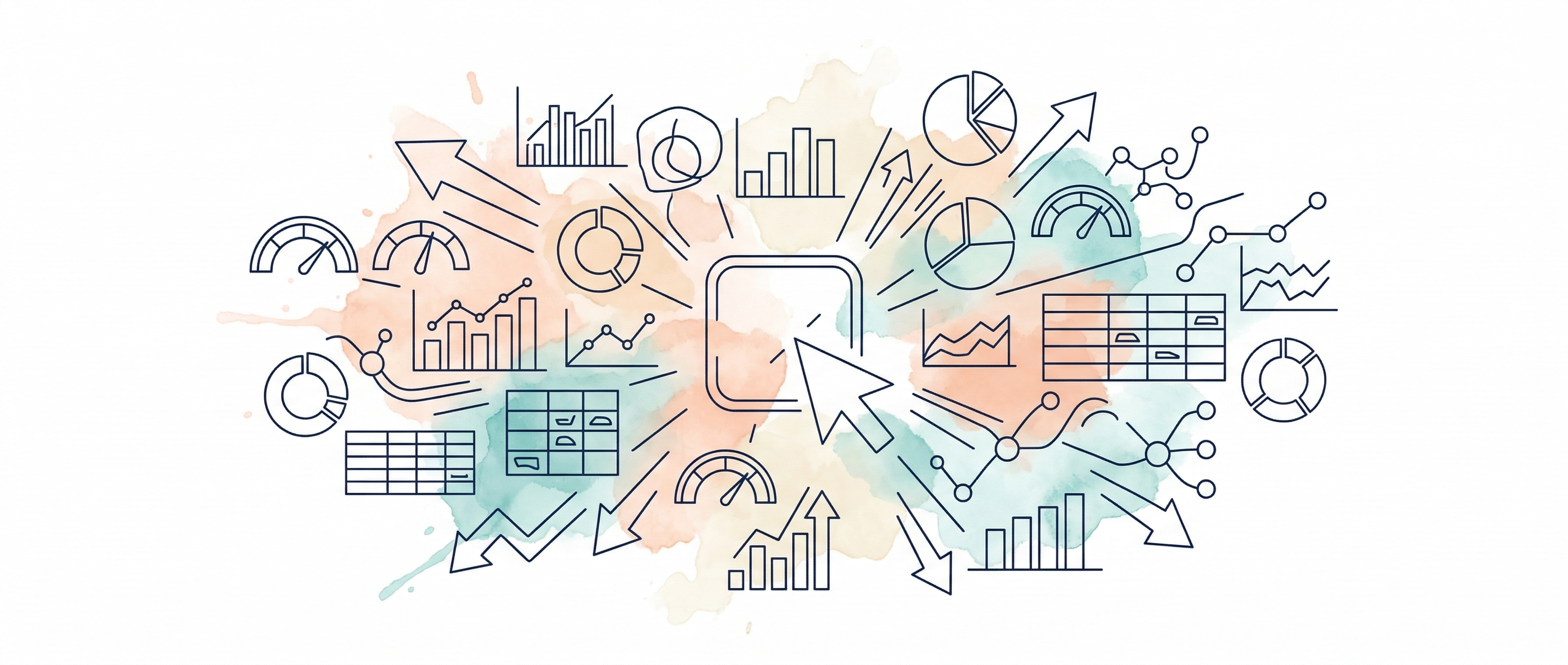 Watercolour illustration of a single click radiating financial dashboard panels and charts