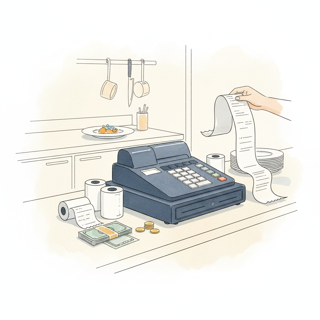 Watercolour illustration of restaurant cash reconciliation with receipts and register