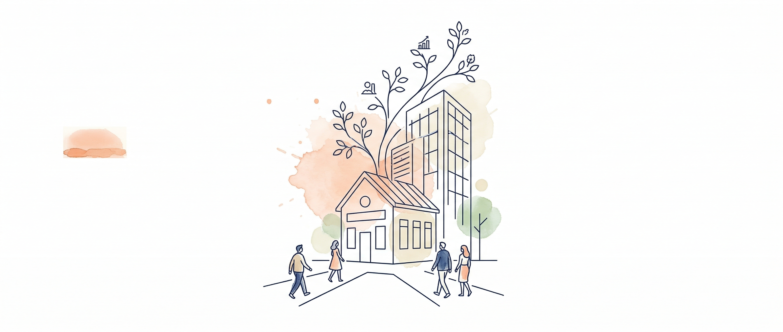 Watercolour illustration of a small accounting practice growing with advisory branches