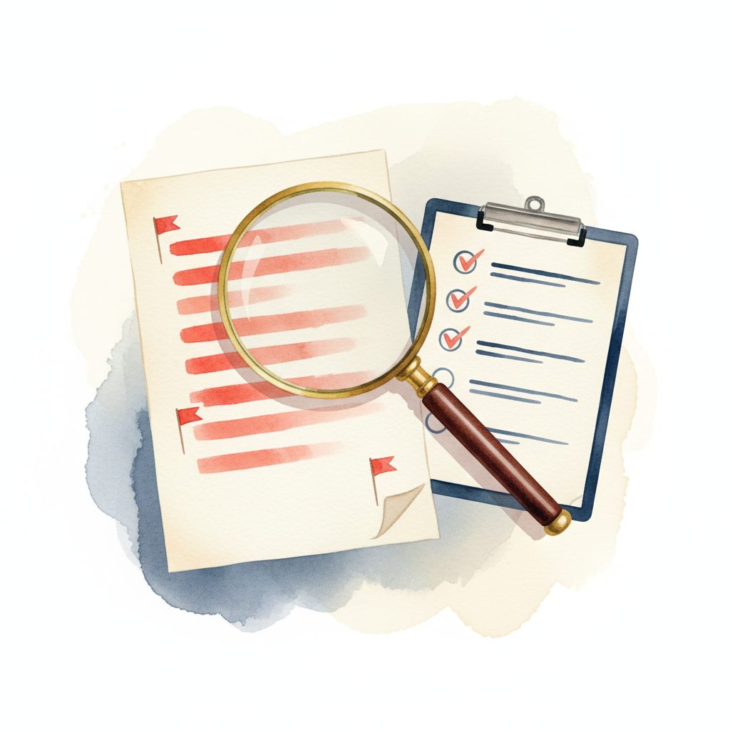 Watercolour illustration of bank statement with error highlights and magnifying glass