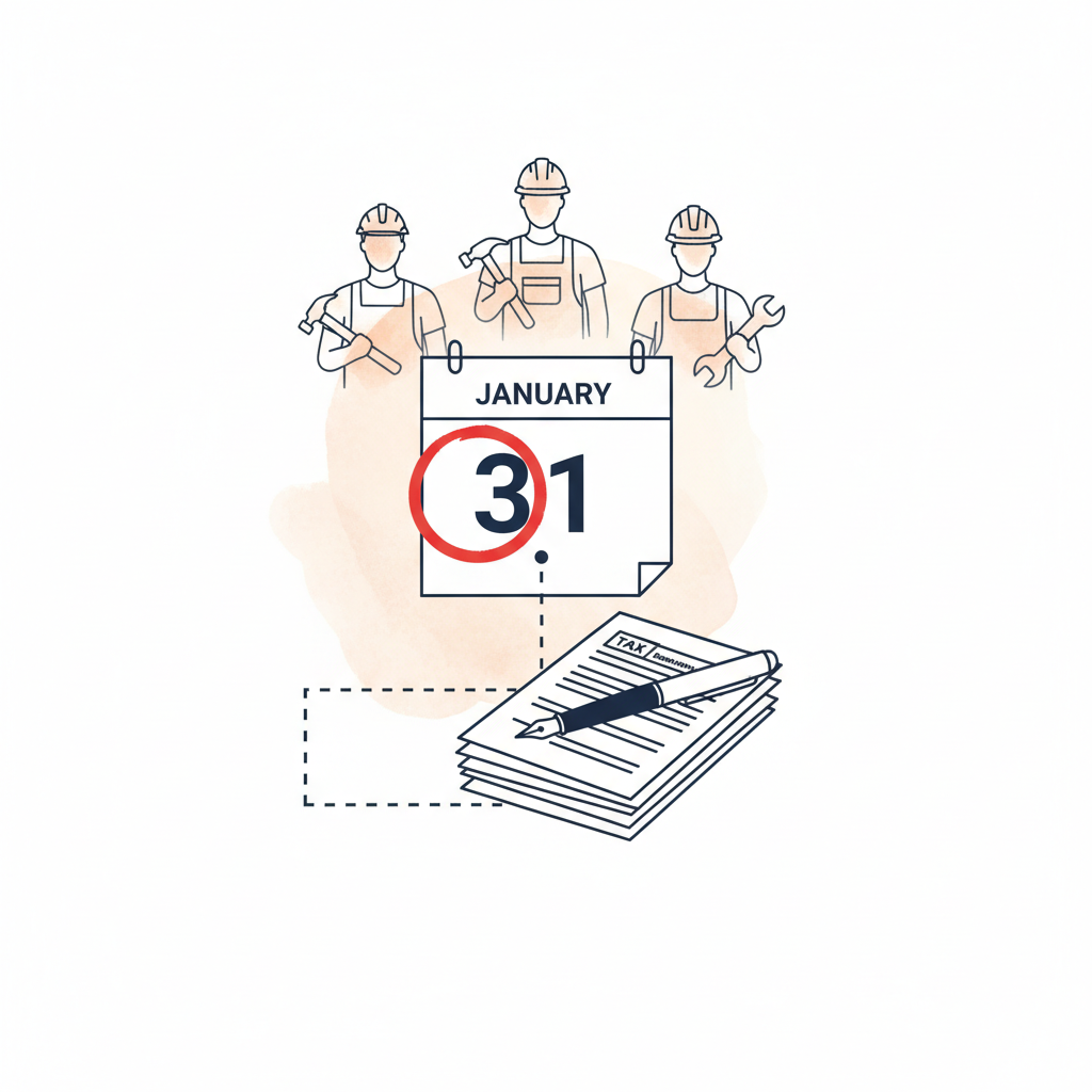 Watercolour illustration of a calendar with January 31st circled connected to tax form documents