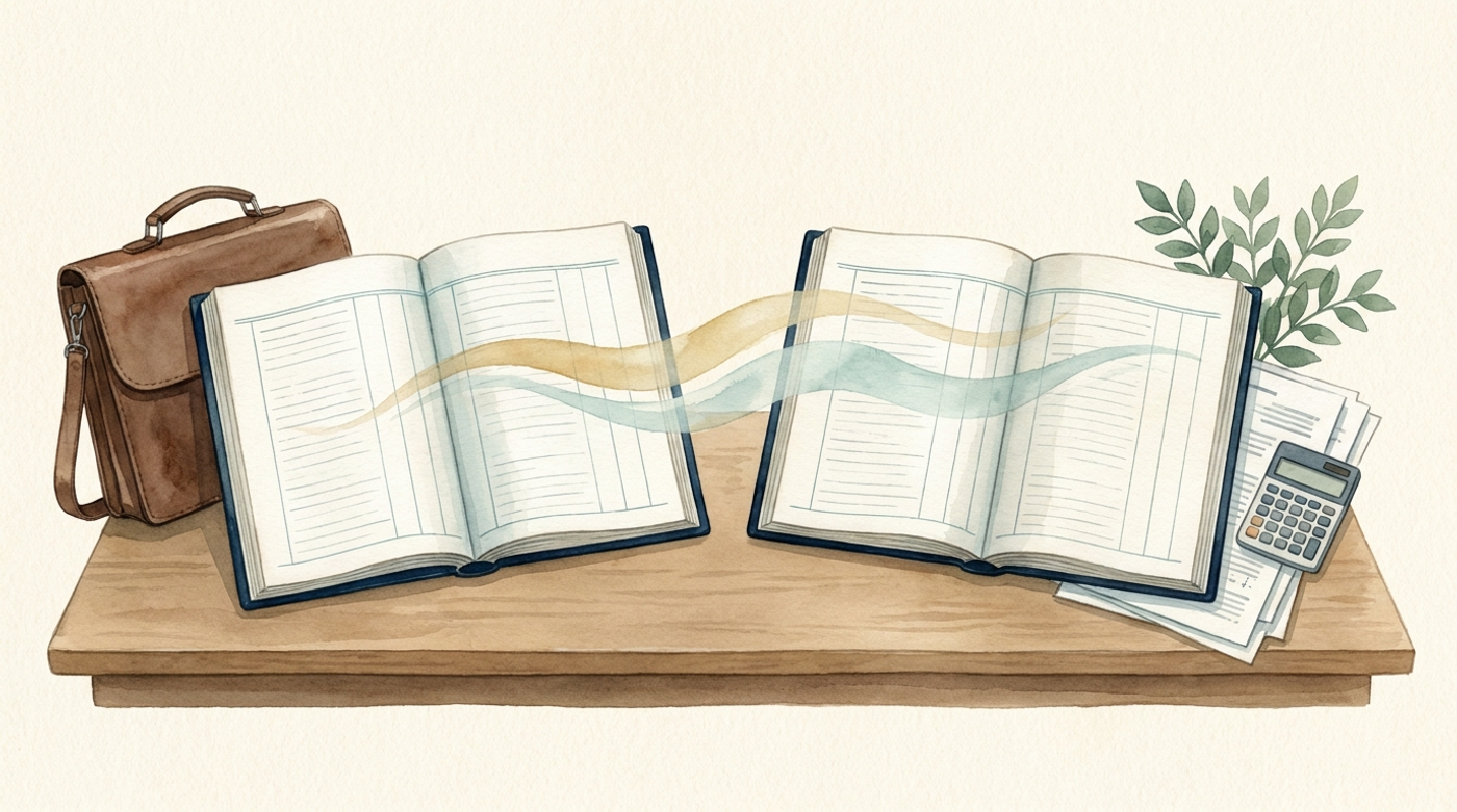 Watercolour illustration of two open ledgers on a wooden desk, a leather briefcase beside one and papers with a calculator beside the other, joined by a ribbon of light