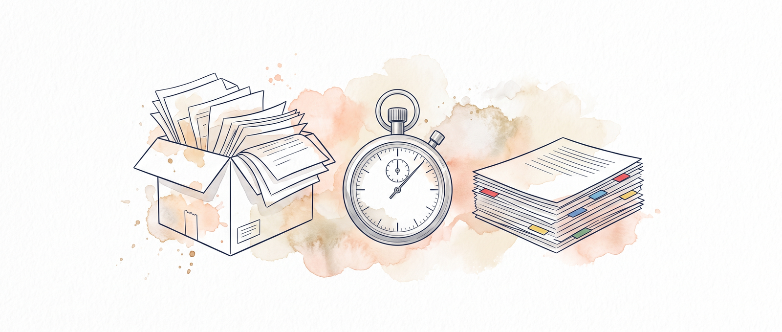 Watercolour illustration of an archive box of papers beside a stopwatch and a neat stack of finished, tabbed working papers