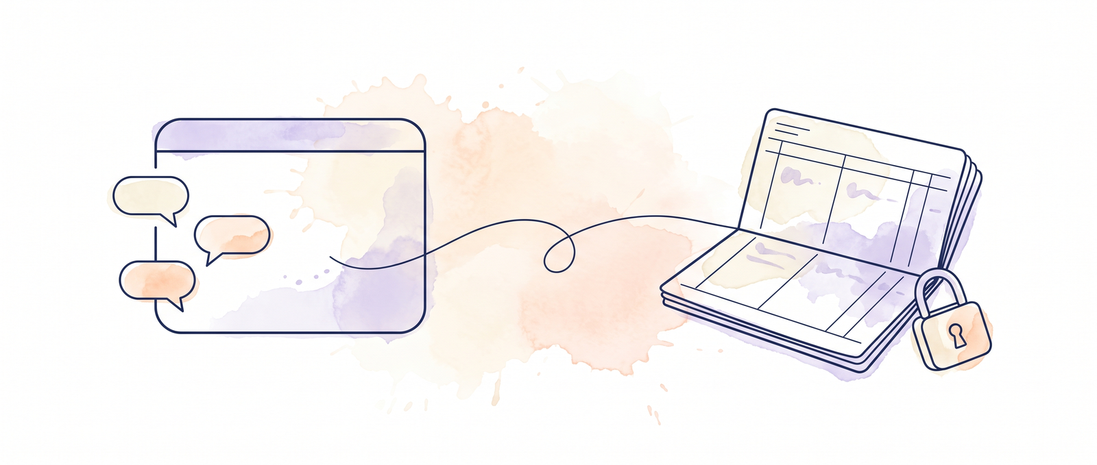 Watercolour illustration of a chat window connected by a fine thread to an open ledger book
