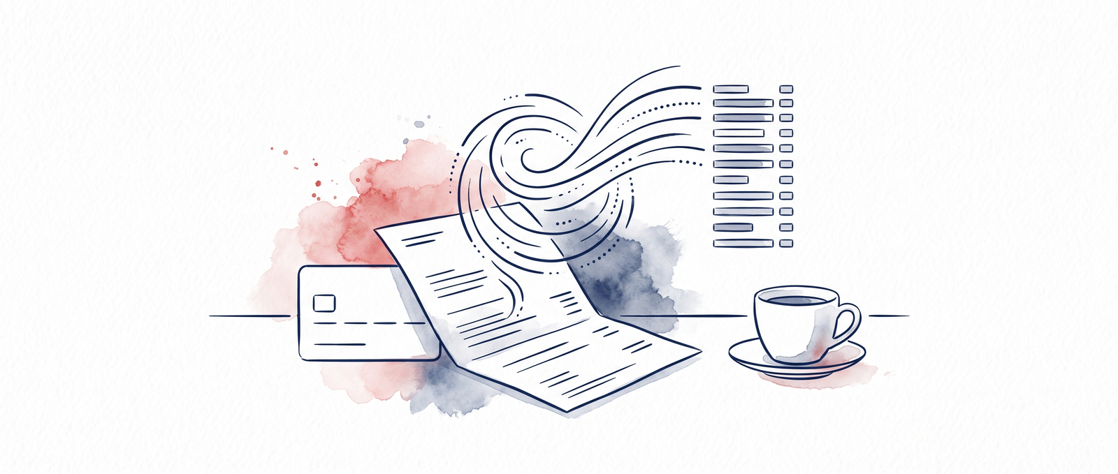 Watercolor illustration of a credit card and folded statement with transaction lines settling into sorted rows