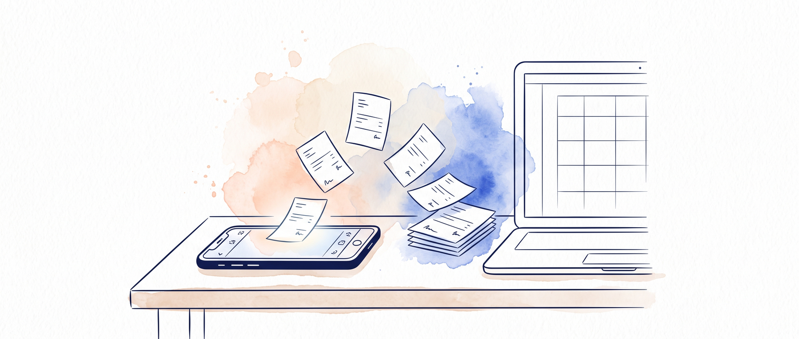 Watercolour illustration of a phone of Chase UK statements unfolding into a clean spreadsheet