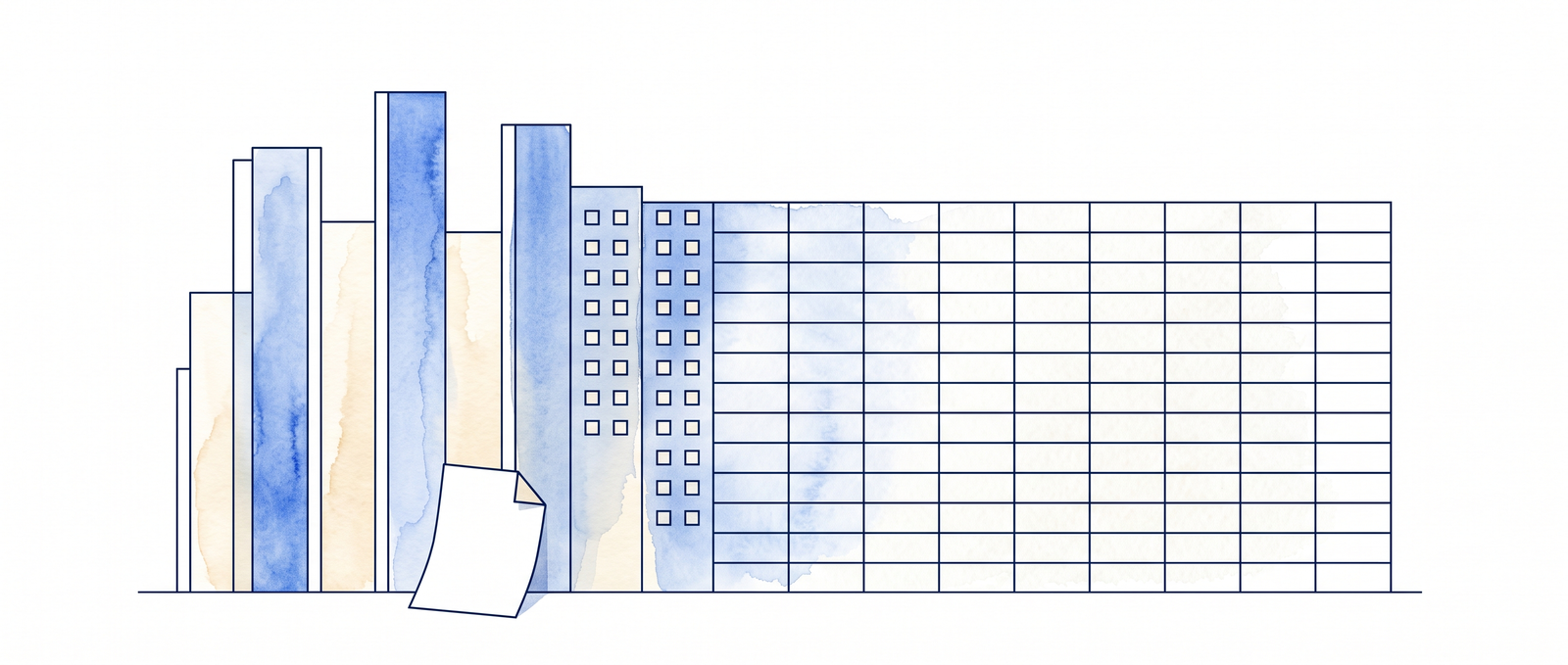 Watercolor illustration of a city skyline whose windows become the cells of a spreadsheet grid