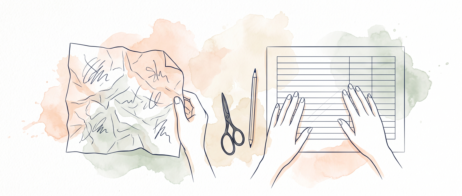 Watercolour illustration of Co-operative Bank statements being tidied into a clean spreadsheet