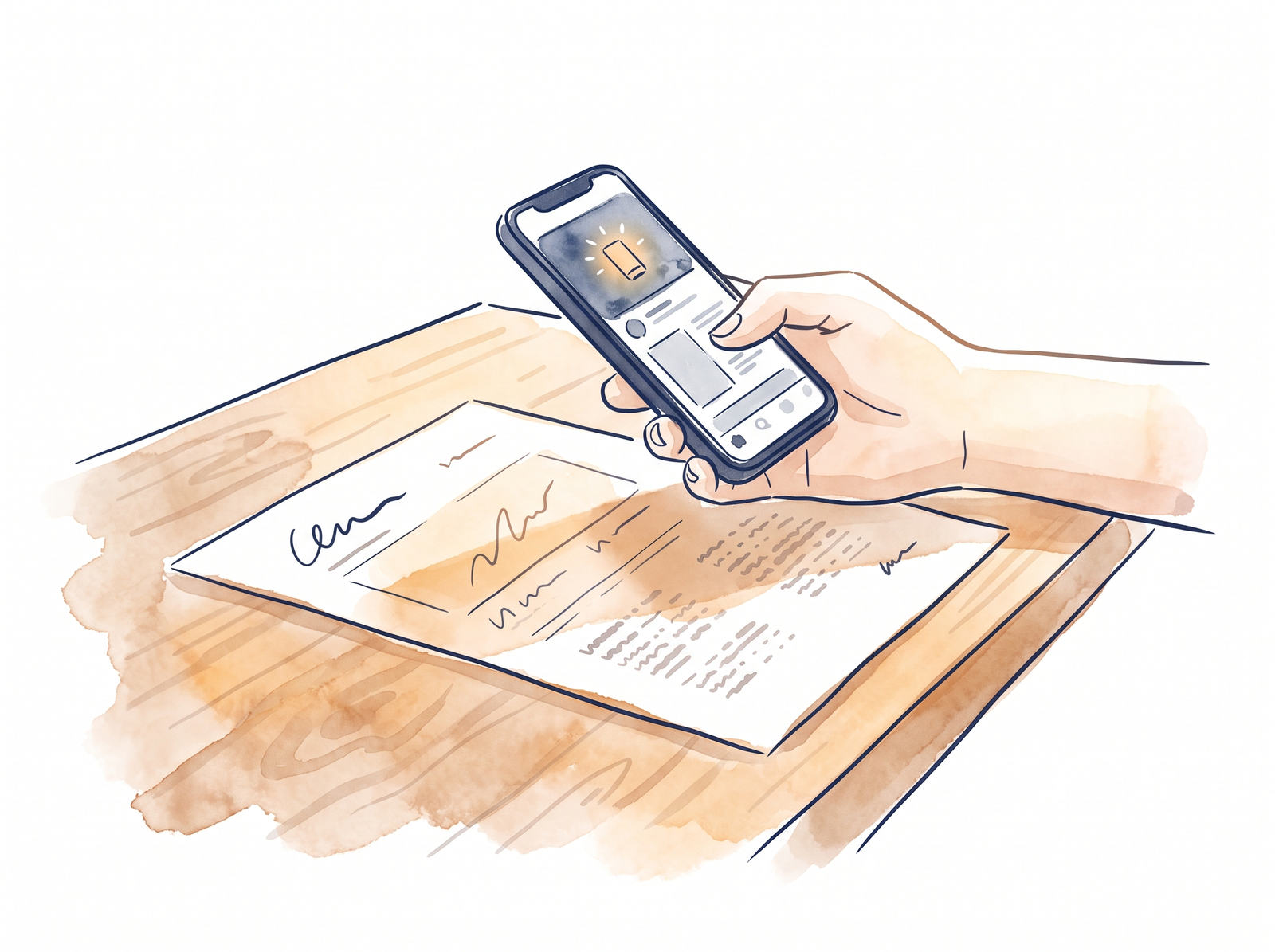 A hand photographing a paper bank statement on a wooden table at an angle