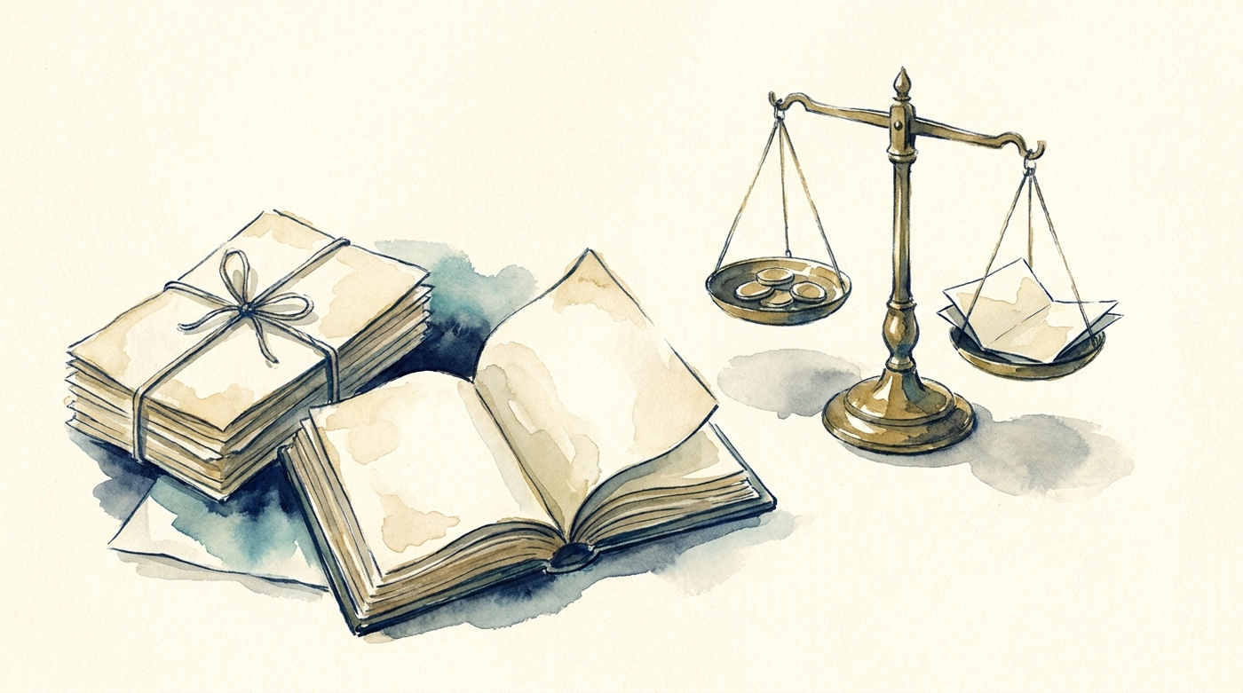 Watercolour illustration of a tied bundle of receipts and an open ledger beside a brass scale weighing coins against a folded receipt