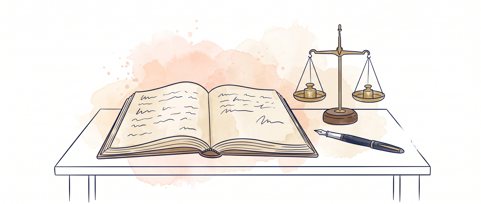 An open ledger book on a desk beside a brass balance scale holding two equal weights, and a fountain pen.