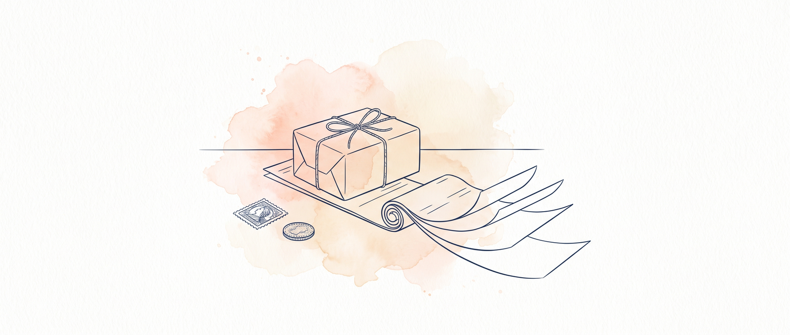Watercolour illustration of a parcel on a desk with a payout slip unfolding into separate labelled strips for sales, fees, postage and refunds