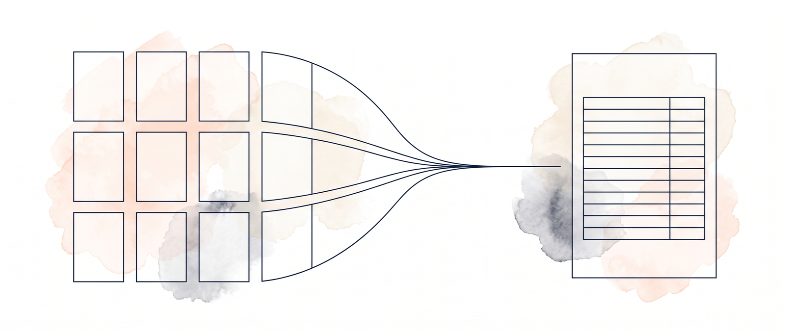Watercolour illustration of a year of first direct statements merging into one clean spreadsheet