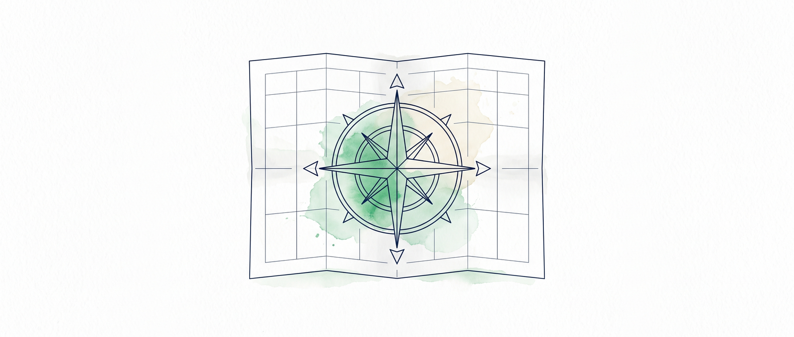 Watercolor illustration of a compass rose on a folded statement, its cardinal lines extending into grid columns