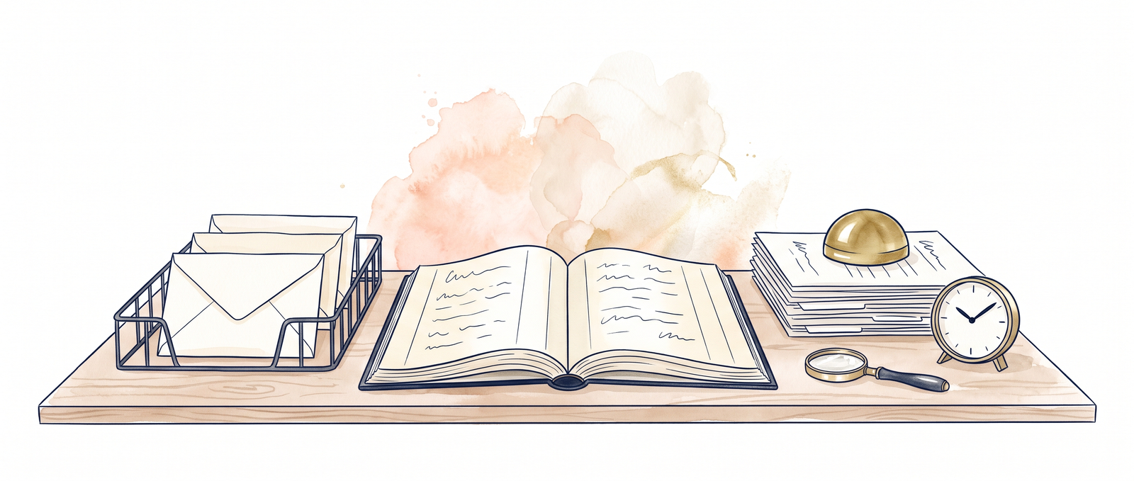 Watercolour illustration of an open ledger on a desk, with papers waiting in a wire tray on one side and filed papers under a brass paperweight on the other