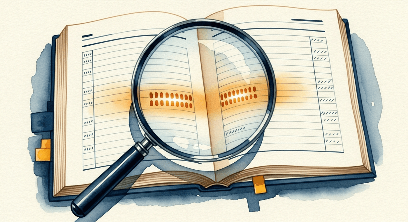 Watercolour illustration of a magnifying glass held over an open ledger, with rows of entries and a few highlighted anomalies