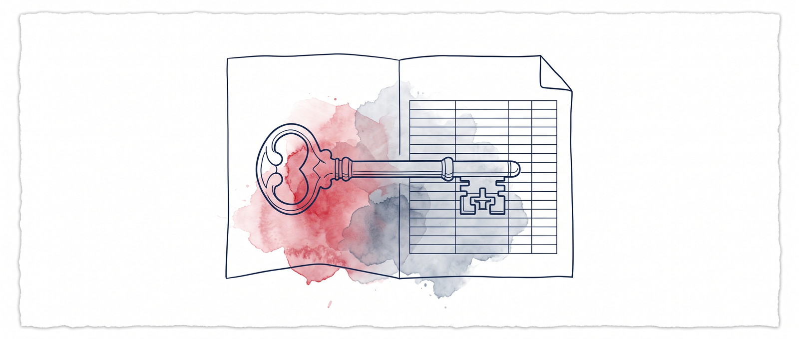 Watercolor illustration of an old key lying across a folded statement, its teeth aligning with ruled grid lines