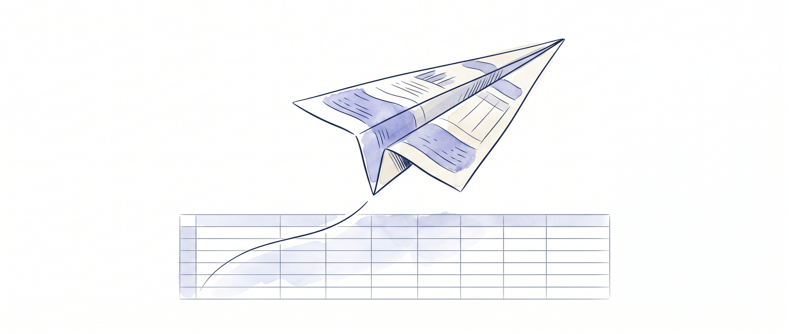 Watercolor illustration of a paper aeroplane made from a statement page, its trail resolving into spreadsheet rows