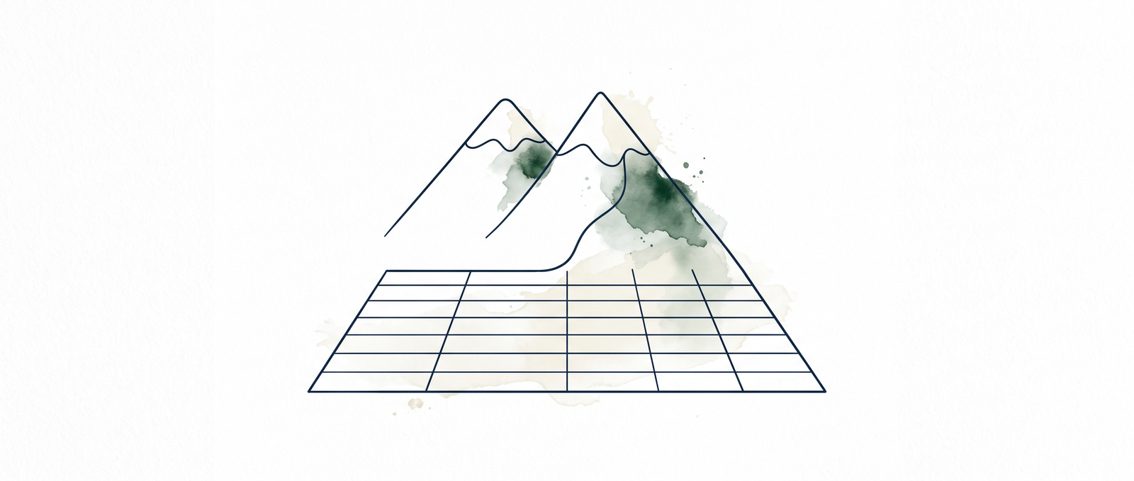 Watercolor illustration of two mountain peaks whose slope continues down into ruled spreadsheet lines