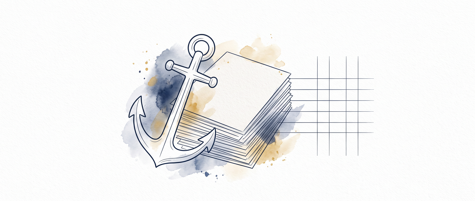 Watercolor illustration of an anchor resting against a stack of statement pages feeding into an empty grid