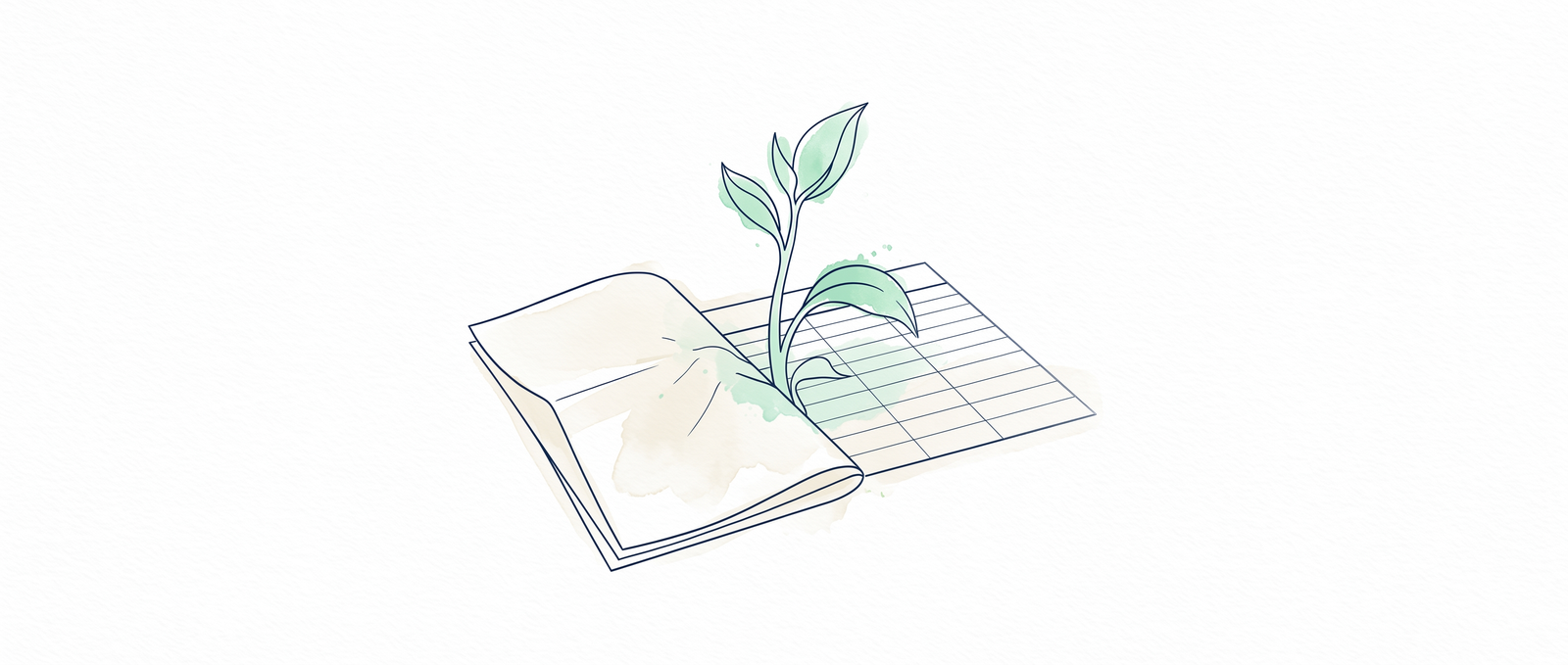 Watercolor illustration of a seedling growing out of a folded statement page, its leaves unfurling into spreadsheet rows