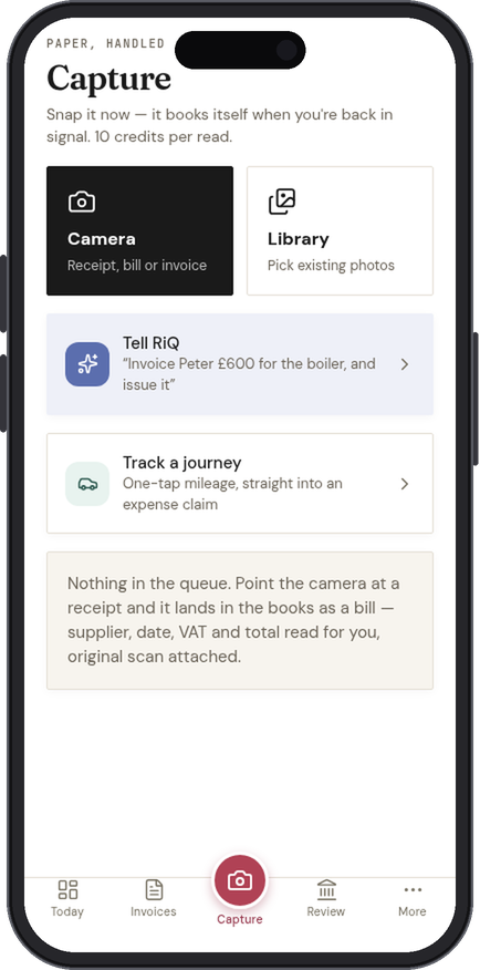 The Capture tab in the IQ Books app: camera, library and Tell RiQ