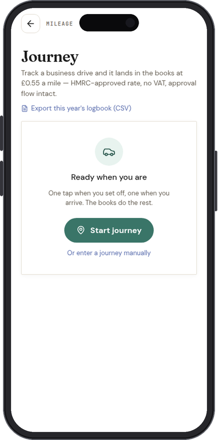 The Journey screen in the IQ Books app with a Start journey button and CSV logbook export