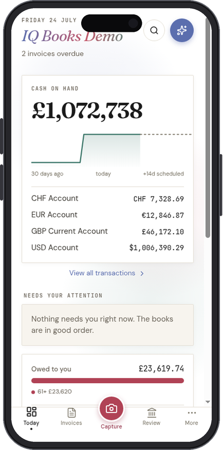 The Today screen in the IQ Books app with cash on hand and the day's work