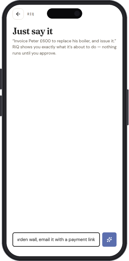 The RiQ voice screen in the IQ Books app, raising and emailing an invoice from one sentence