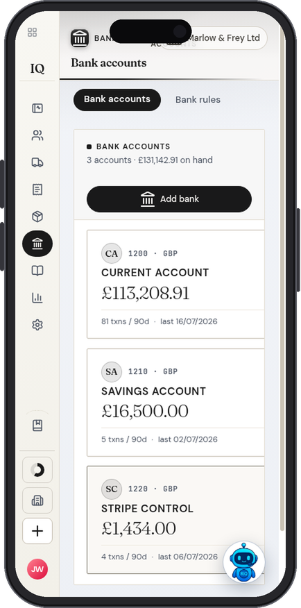 IQ Books bank accounts on a phone: three accounts with live balances and transaction counts
