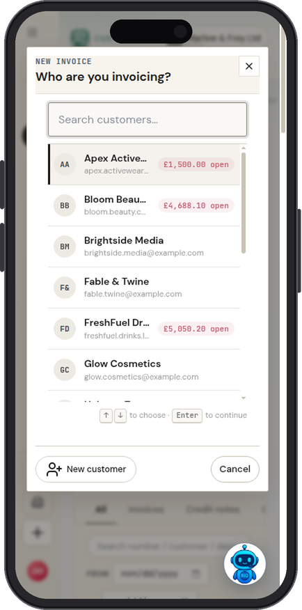 The new invoice screen in IQ Books Mobile asking who you are invoicing, with customer search and outstanding balances