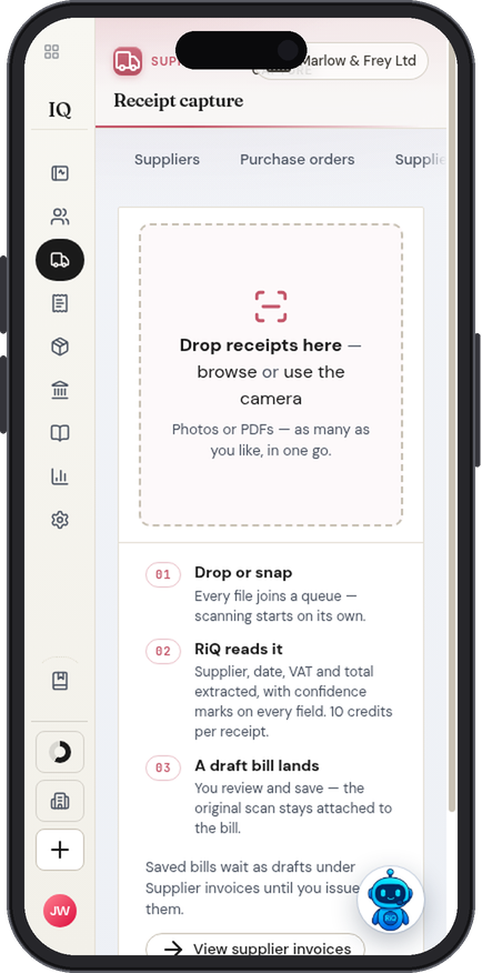 IQ Books receipt capture screen on a phone: drop receipts, RiQ reads them, a draft bill lands