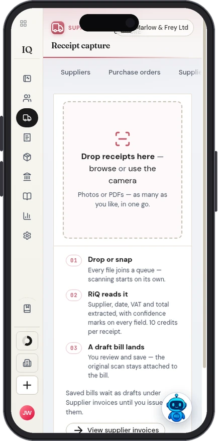 IQ Books on a phone: receipts read and ready to review