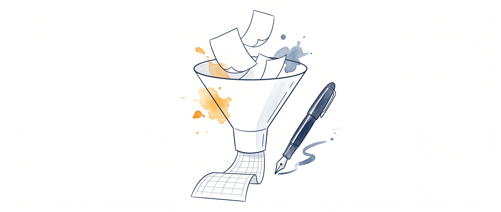 Watercolor illustration of a paper funnel with statement pages dropping in and spreadsheet rows emerging
