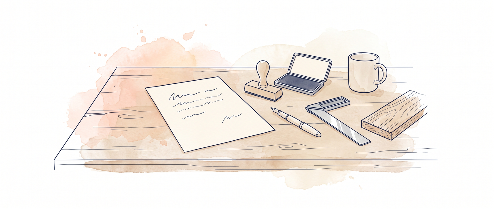 A sheet of paper and a blank rubber stamp on a joiner's workbench beside an oak offcut and a fountain pen.