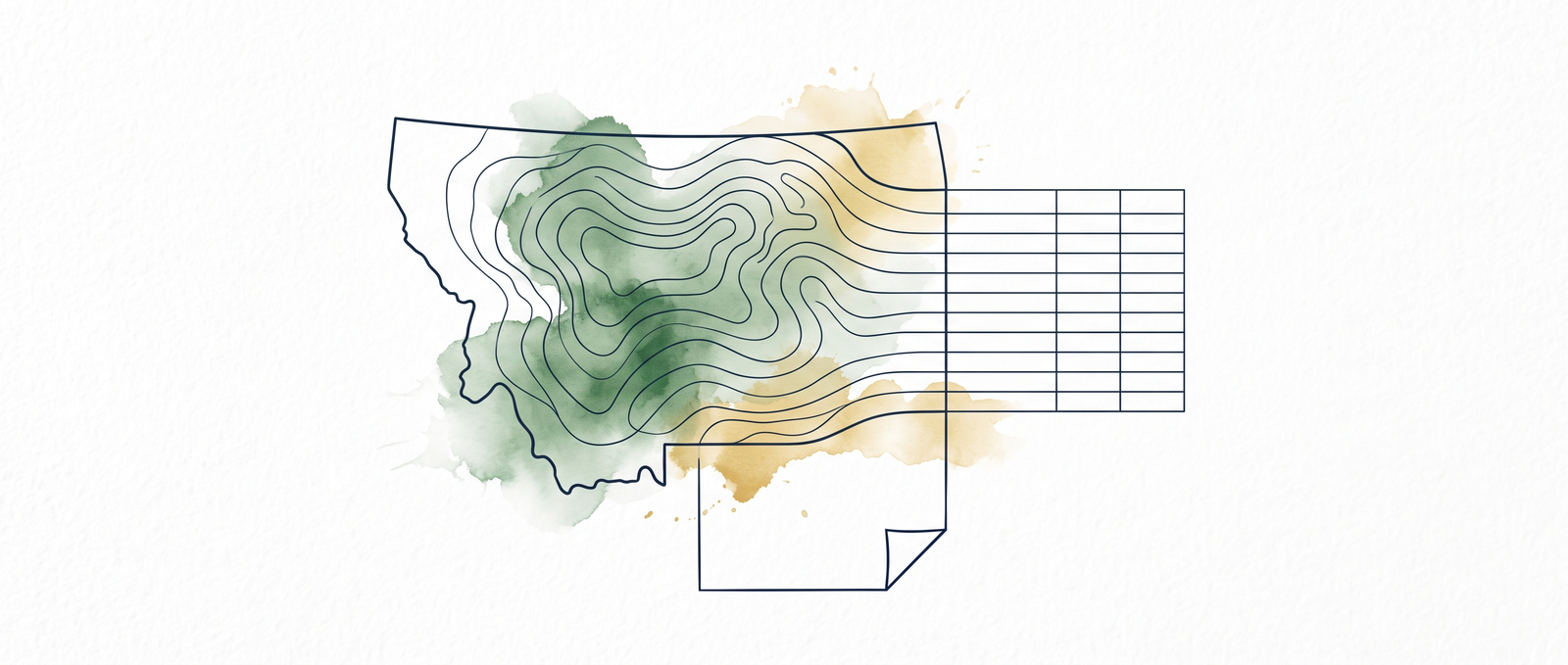 Watercolor illustration of a contour map whose lines flatten into the rows of an empty spreadsheet