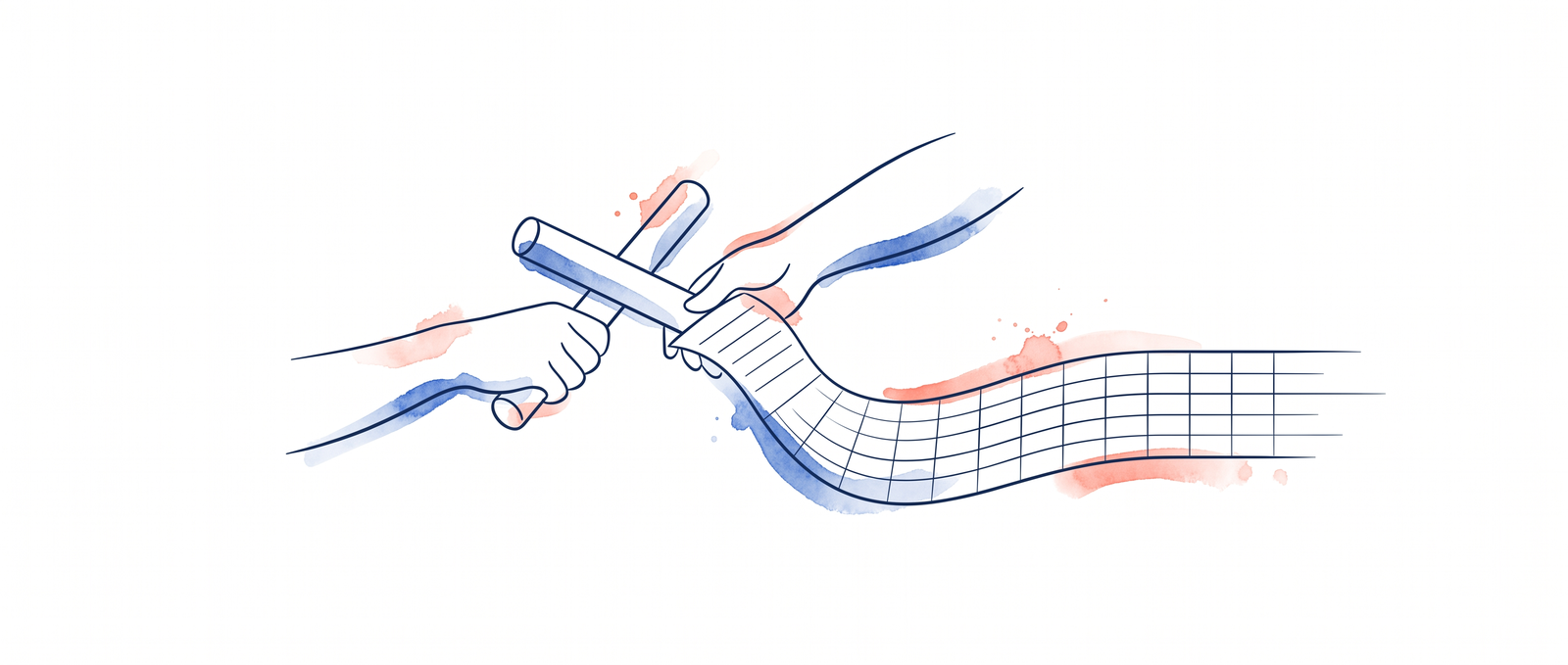 Watercolor illustration of a relay baton passed between two hands, a ribbon of ruled paper trailing into a grid