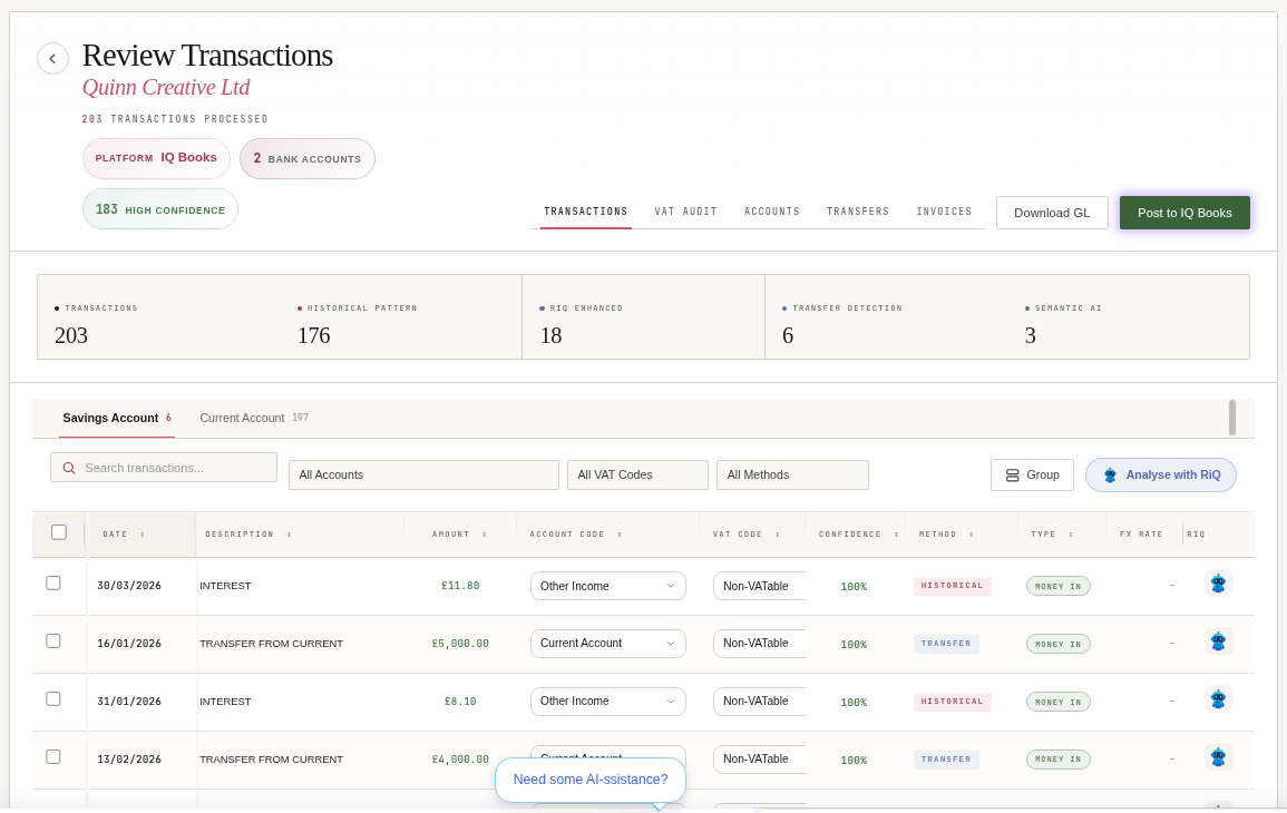 CodeIQ review screen showing 203 processed transactions, 183 high confidence, with method and confidence columns